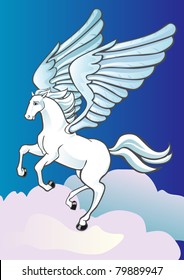 Pegasus soaring in the clouds in the sky