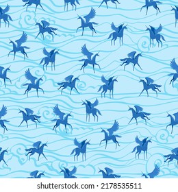 Pegasus with spread wings and a horn. Seamless pattern. Children's print.