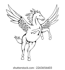 Pegasus standing on end on two hind legs. Mythological creature. Black outline drawing.Vector illustration