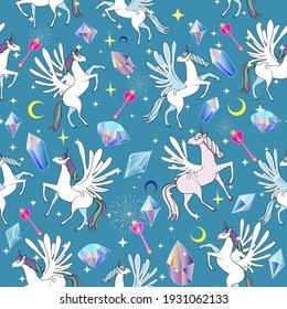 Pegasus en el cielo estrellado Luna, varas mágicas, constelaciones. Patrón sin foco en el estilo de los niños.