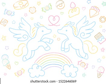 Pegasus twins and sweets hand drawn illustration