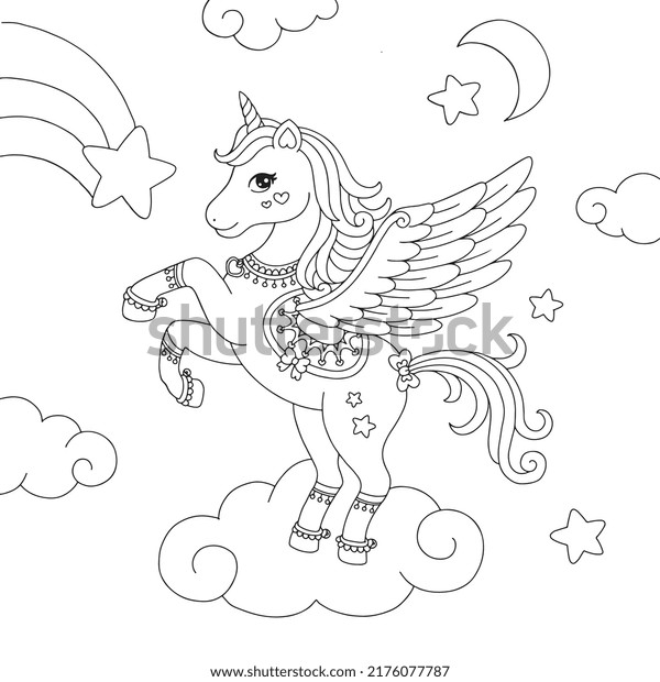 Pegasus Unicorn Coloring Page Drawing Illustration Stok Vektör