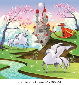 Pegasus, unicorn and dragon in a mythological landscape. Cartoon and vector illustration, objects isolated .