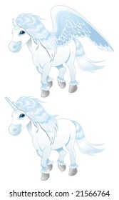 Pegasus and Unicorn. Funny cartoon and vector fantasy characters.