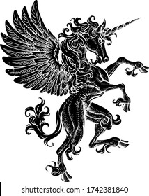 A Pegasus unicorn horse with wings and horn from mythology rearing rampant on its hind legs in a coat of arms crest woodcut style 