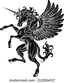 Caballo de unicornio Pegasus con alas y cuerno de mitología que crece desenfrenado en sus patas traseras con un escudo de brazos estilo de leña de cresta 