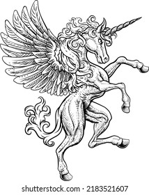 Caballo de unicornio Pegasus con alas y cuerno de mitología que crece desenfrenado en sus patas traseras con un escudo de brazos estilo de leña de cresta 