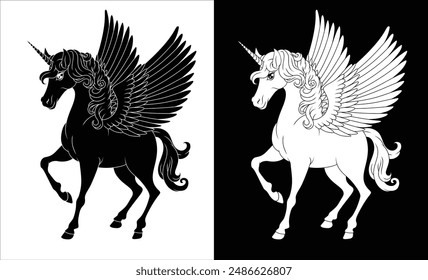 Pegasus Unicorn horse with wings and horn cartoon mythological animal from Greek myth illustration