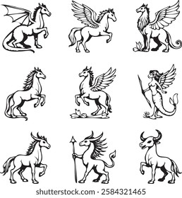 pegasus , unicorn manmaid line art set