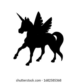 Pegasus Unicorn silhouette. Black silhouette of magic unicorn.