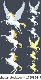 Pegasus, unicorn and stallion clip art. Silhouette versions and pure white versions are also included. No transparency and gradients used.