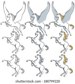 Pegasus Unicorn Stallion Line Art: Pegasus, unicorn and stallion clip art. No transparency and gradients used.