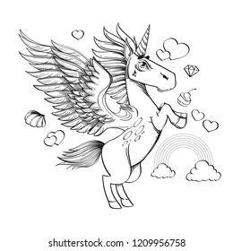 Pegasus or unicorns. Beautiful horse with wings. Outline vector illustration isolated on white background for tattoos, coloring, engraving and much more.