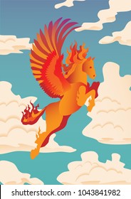 Pegasus vector illustration. Banner with flying, orange, flamed Pegasus on clouds background. Magical, mystical animal illustration.