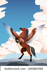 Pegasus vector illustration. Banner with reared, brown Pegasus on clouds background and blue sky. Magical, mystical animal illustration.