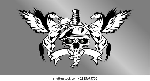 Pegasus vector logo, bayonet, skull head, cool centipede


