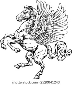 Pegasus winged flying horse mythological animal from Greek myth. For a crest in rampant pose. Heraldic coat of arms heraldry design element in a vintage illustration style.