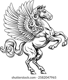 Pegasus winged flying horse mythological animal from Greek myth. For a crest in rampant pose. Heraldic coat of arms heraldry design element in a vintage illustration style.