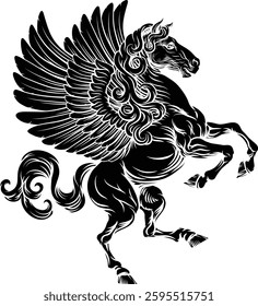 Pegasus winged flying horse mythological animal from Greek myth. For a crest in rampant pose. Heraldic coat of arms heraldry design element in a vintage illustration style.