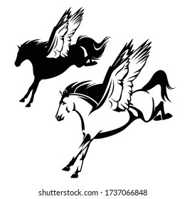 pegasus winged horse flying forward - greek mythology inspiration symbol animal black and white vector design