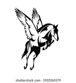 pegasus winged horse - greek mythology inspiration symbol animal flying forward black and white vector design