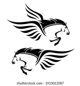 pegasus winged horse head and front legs - greek mythology inspiration symbol animal flying forward black and white vector design