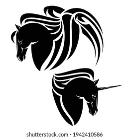 pegasus winged horse and magical unicron head - mythical animals black and white vector design set