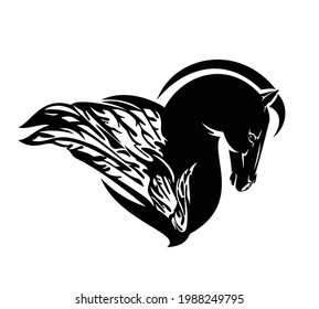 pegasus winged horse profile head - side view mythical animal black and white vector design