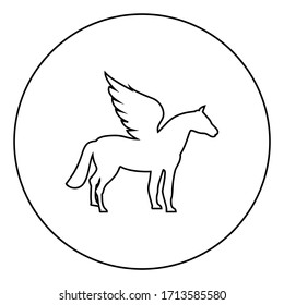 Pegasus Winged horse silhouette Mythical creature Fabulous animal icon in circle round outline black color vector illustration flat style image