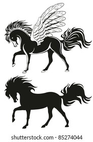 Pegasus winged horse, vector silhouettes