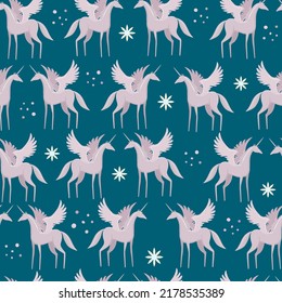 Pegasus with wings and horn. Black stylized horses. Seamless pattern. Vector.