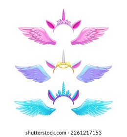 Pegasus wings and horns, fairy unicorn accessories, decorative magic elements for carnival costume or photo collage. Vector icons,  isolated on white background.