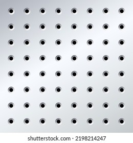 Pegboard or perforated metallic hardboard. Board with spaced holes. Aluminum or steel textured gridwall. Seamless pattern background. Tool organizer in garage workshop vector wallpaper illustration.