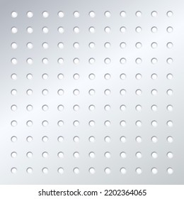 Pegboard or perforated metallic hardboard. Board with spaced holes. Aluminum or steel textured gridwall. Seamless pattern background. Tool organizer in garage workshop vector wallpaper illustration.