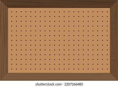 Pegboard or perforated wooden hardboard. Brown board with spaced holes. Wood textured wall, seamless pattern, background for wallpaper. Tool organizer in garage workshop realistic vector illustration.