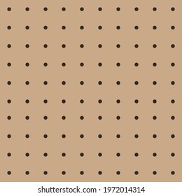 Pegboard seamless vector pattern. Light brown, natural wooden peg board background wallpaper texture with dark brown perforation hole dots in geometric grid. Simple, modern, aesthetic backdrop design.