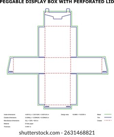 Peggable display box template with perforated lid die-cut design