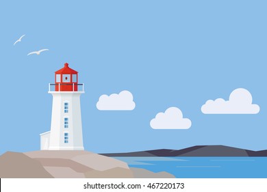 Peggys Cove lighthouse and Nova Scotia landscape, flat design style