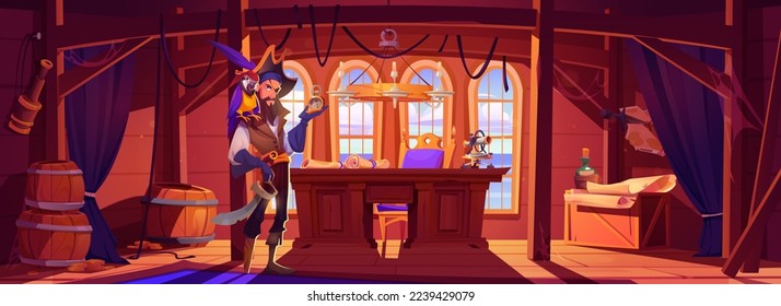 Peg-legged pirate with parrot standing in ship cabin. Vector illustration of cartoon one-eyed corsair character with golden watch in hand, pet bird on shoulder, saber on waist, treasure maps on table svg