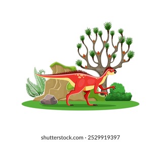 Pegomastax cartoon prehistoric dinosaur character. Isolated vector ancient herbivore reptile animal with agile body and long tail in landscape with rock, tree and plants. Early Jurassic era lizard