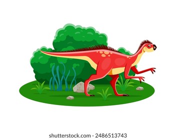 Pegomastax prehistoric dinosaur character. Isolated cartoon vector ancient omnivore reptile animal, genus of small heterodontosaurid dino from the early jurassic period at lush natural landscape