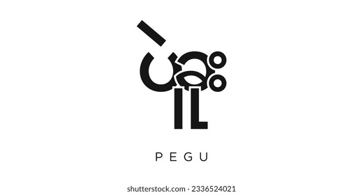 Pegu in the Myanmar emblem for print and web. Design features geometric style, vector illustration with bold typography in modern font. Graphic slogan lettering isolated on white background.