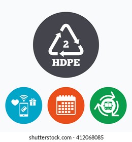 Pe-hd 2 icon. Polyethylene high-density sign. Recycling symbol. Mobile payments, calendar and wifi icons. Bus shuttle.