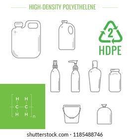 PEHD (HDPE) - high-density polyethylene. Symbol of plastic recycling and types of plastic products.