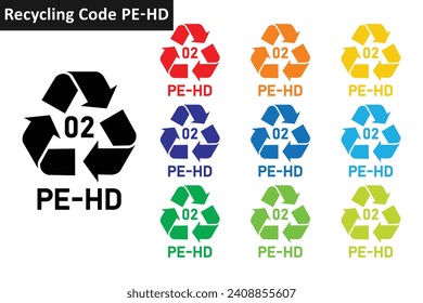 PE-HD plastic recycling code icon set. Mobius Strip plastic recycling symbols 02 PE-HD. Plastic recycling code 02 icon collection in ten colors. Set of plastic recycling code symbol icon 02 PE-HD.