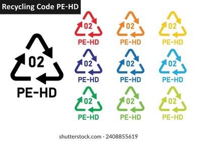 PE-HD plastic recycling code icon set. Plastic recycling symbols 02 PE-HD. Plastic recycling code 02 icon collection in ten different colors. Set of plastic recycling code symbol icon 02 PE-HD.