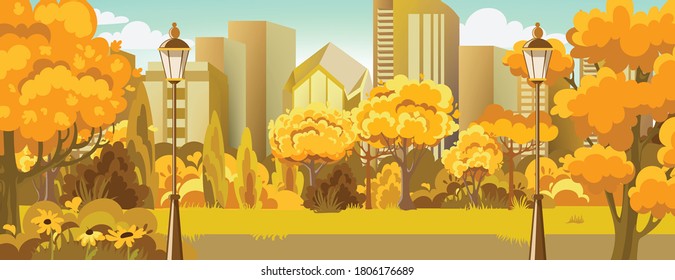 Peisage Of Autumn Park Near City. Warm Colors. Skyscrapers. Vector