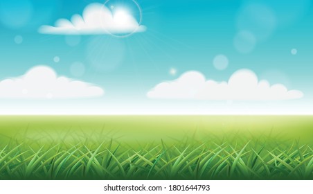 Peisage de un prado. hierba verde y cielo azul con nubes. Vector