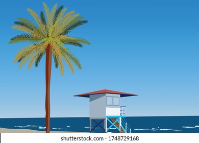 Peisage of seashore with palms and lifeguard hut. Blue clear sky. Vector