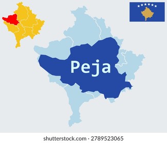 Peja Kosovo Map and Flag - Fourth Largest City, Rugova Mountains and White Flag with Municipal Emblem Vector Outline.